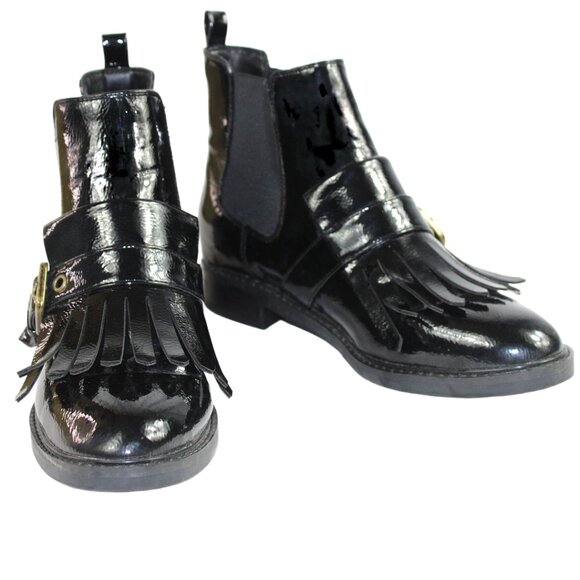 Marc Fisher Brigita Chelsea Kiltie Black Patent Buckle Pull On Boot, Size 7 - Picture 6 of 9